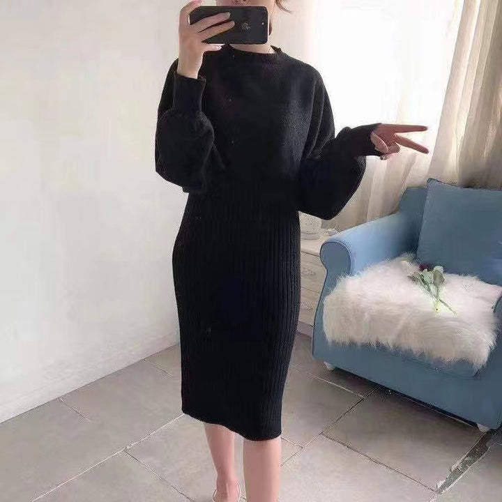 Knit dress for women with contrasting top and ribbed skirt Lune London