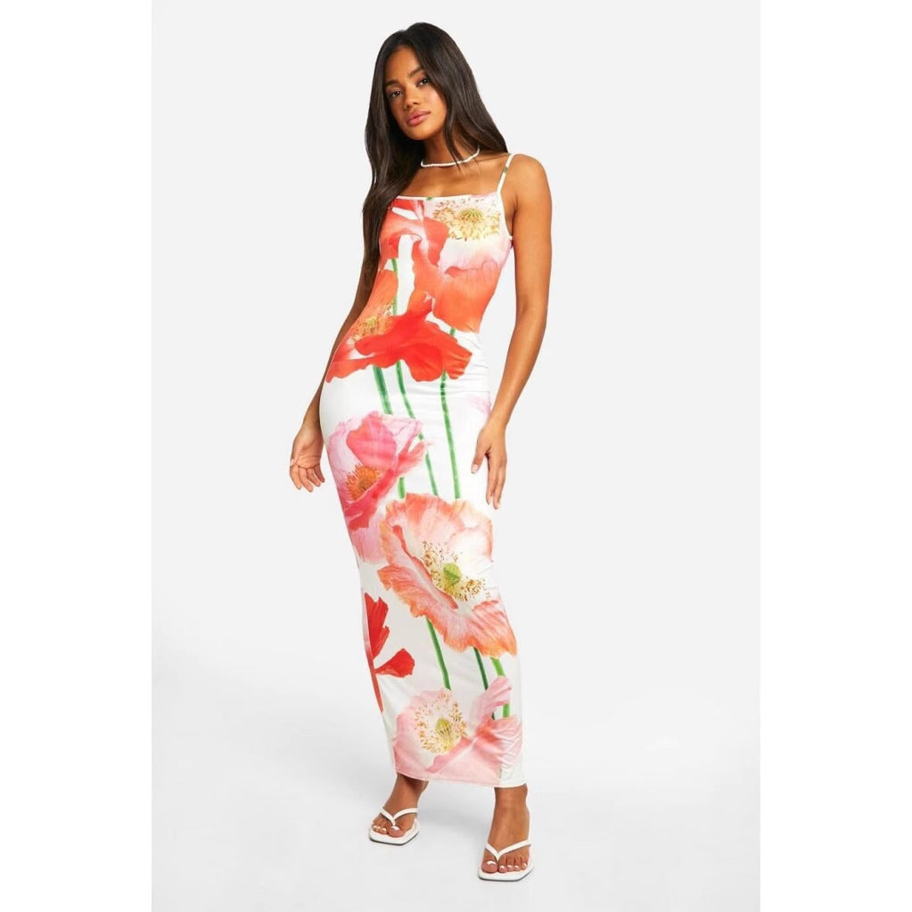 Maxi flower dress with thin straps for women bodycon Lune London