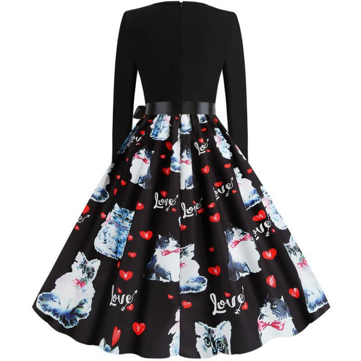 Robe swing pour dames avec motif de chat et ceinture élégante Chic & Stil