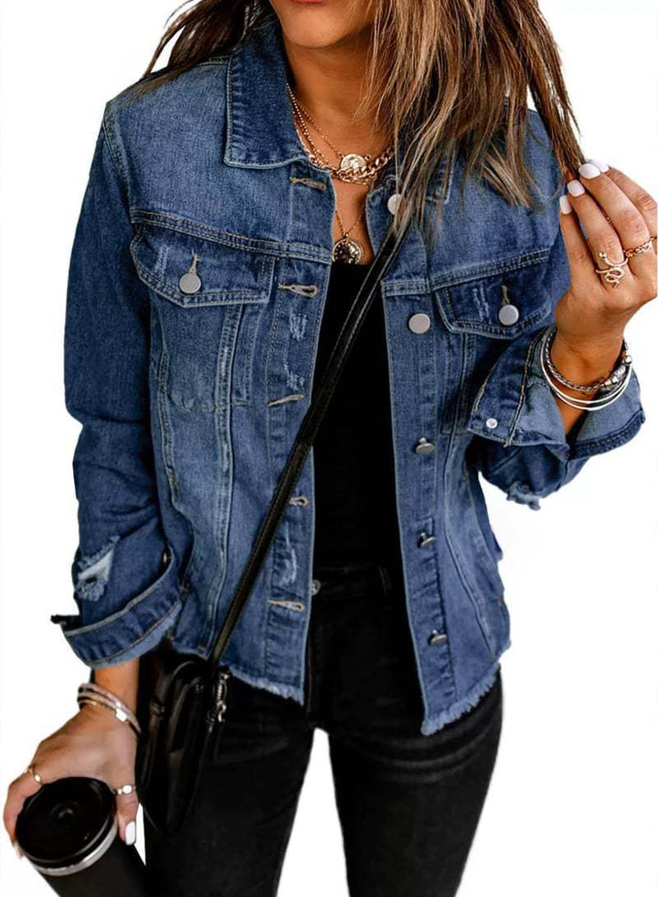 Veste en jean pour femmes au style décontracté avec des détails déchirés et une coupe classique Chic & Stil
