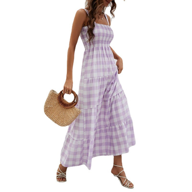 Chic & Stil Women's Airy Maxi Dress with Checkered Pattern and Elastic Bodice