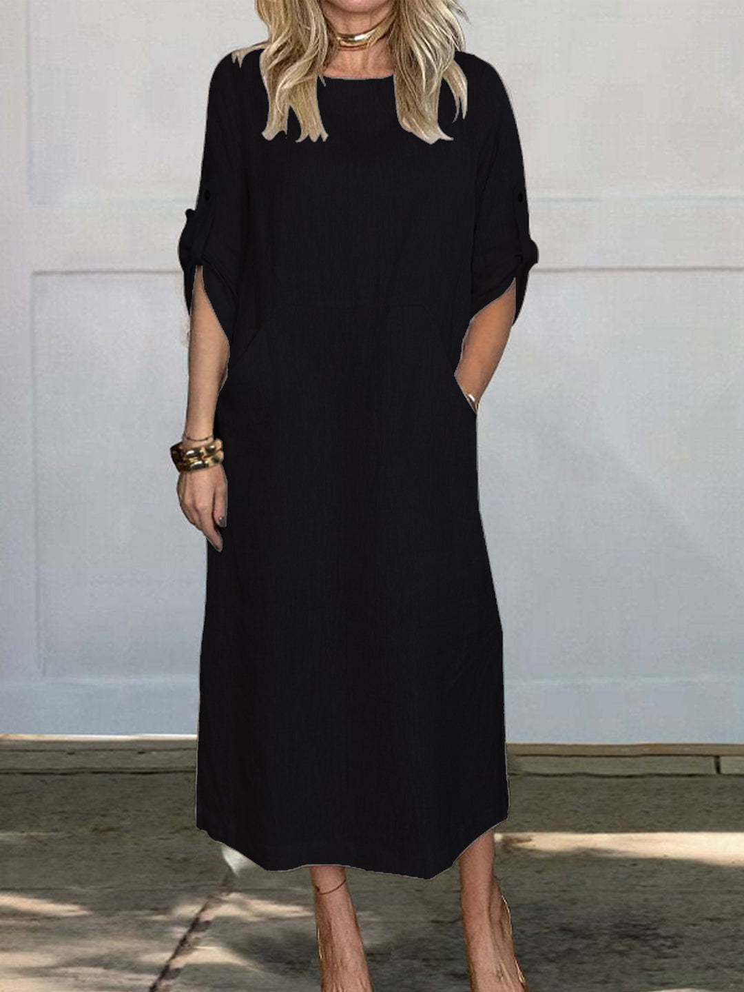 Airy midi dress for women with practical pockets and roll-up sleeves Lune London
