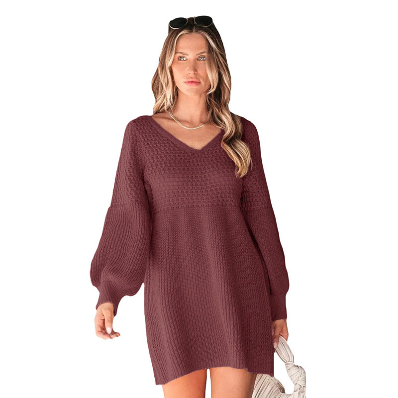 Casual knit dress for ladies with bare lace on the shoulders and voluminous sleeves Lune London