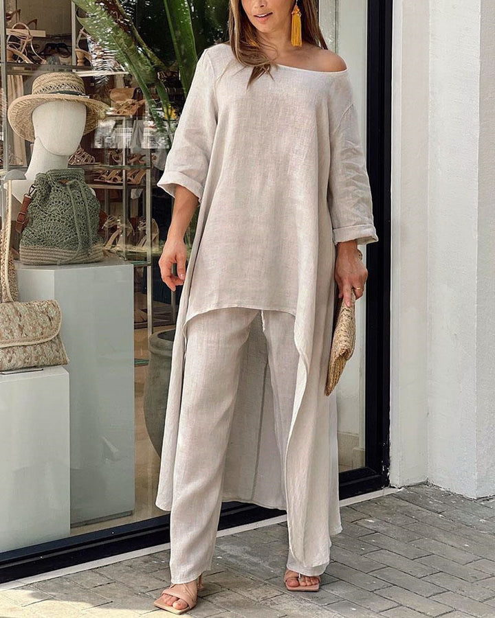 Asymmetrical elegant linen tunic set for women and Lune London pants