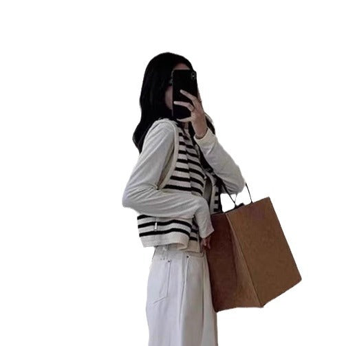 Striped contrast knit vest for women with golden buttons Lune London