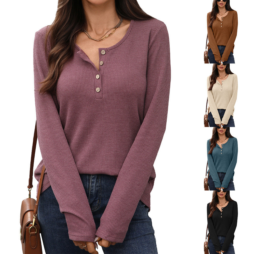 Long sleeve waffle knit t-shirt for women with button placket Lune London
