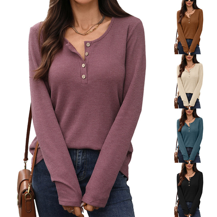 Long sleeve waffle knit t-shirt for women with button placket Lune London