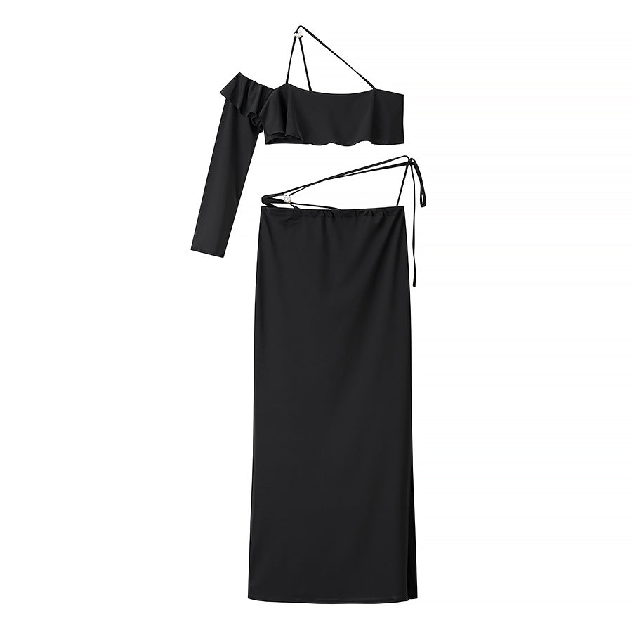 Evening dress for ladies with asymmetric cut and delicate ruffle details Lune London