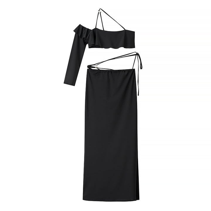 Evening dress for ladies with asymmetric cut and delicate ruffle details Lune London