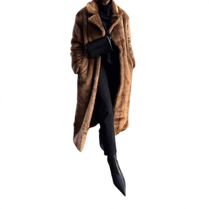 Ladies Long Faux Fur Coat with Wide Lapels and Chic Casual Cut