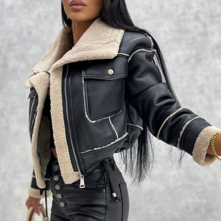 Short leather jacket for women with warm fleece lining Lune London