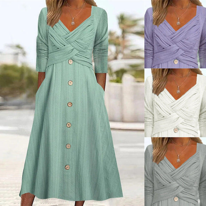 Maxi button dress for women with crisscross top detail Lune London