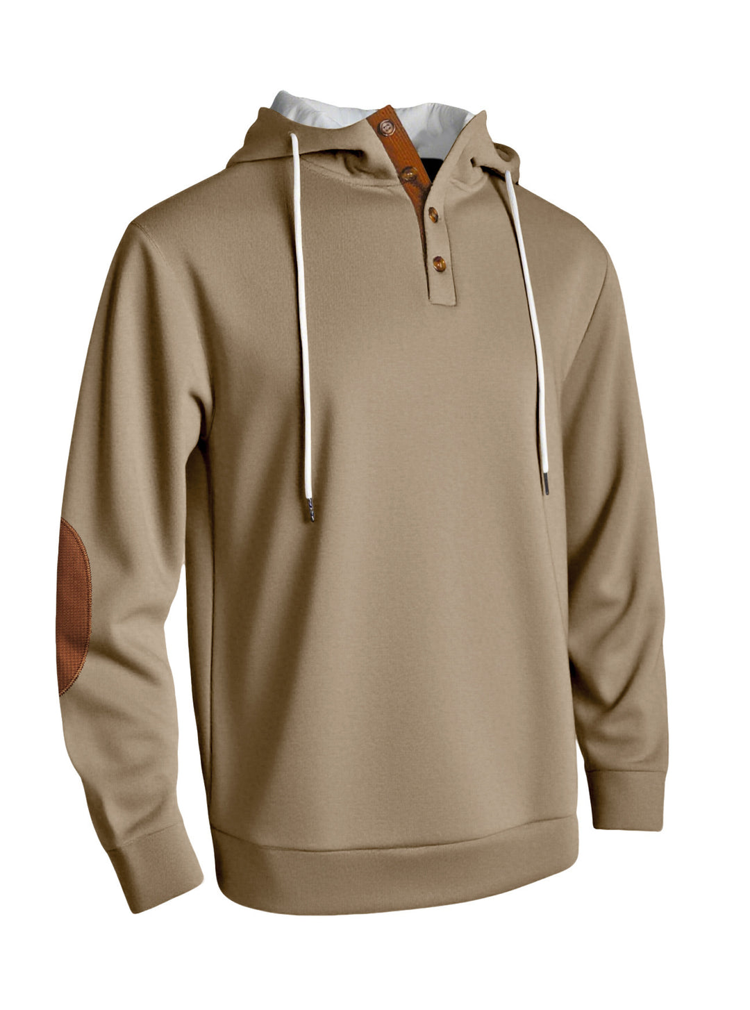 Hooded man with modern design of button placket and elbow patches Lune London