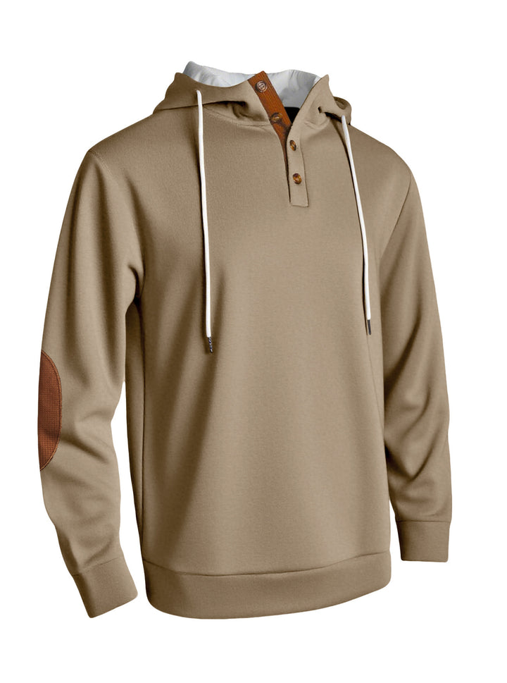 Hooded man with modern design of button placket and elbow patches Lune London