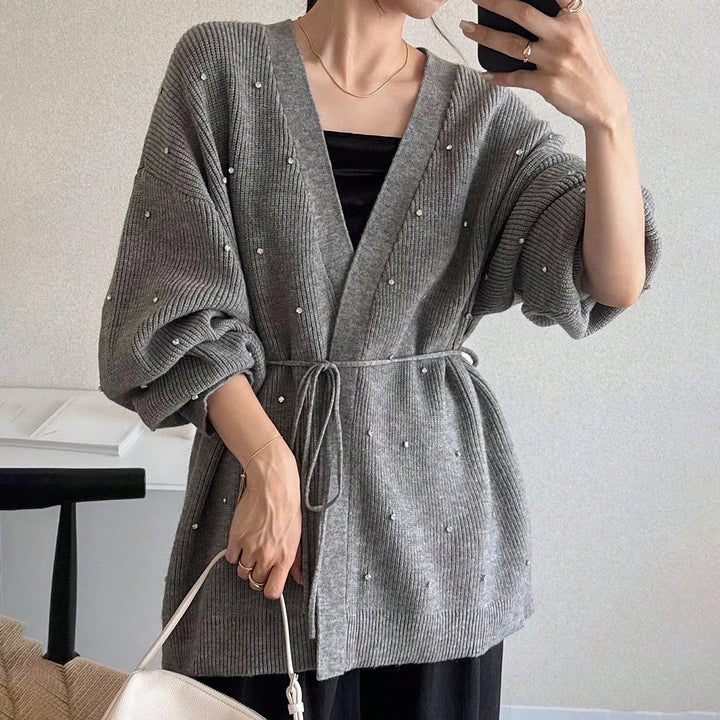 Ladies Elegant Knit Cardigan with Chic Pearls Accent and Style