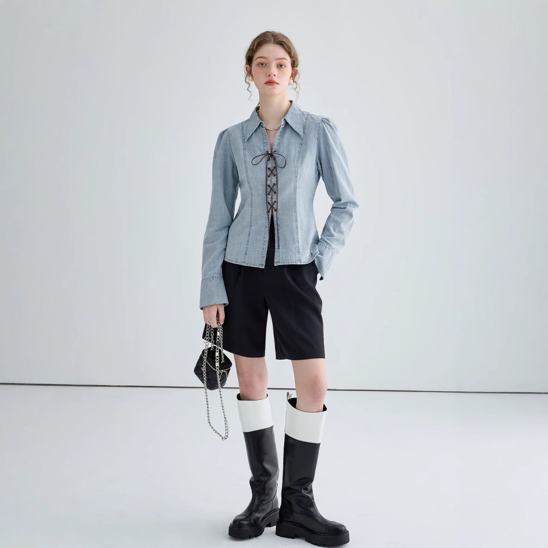 Elegant denim blouse for women with lace closure Lune London