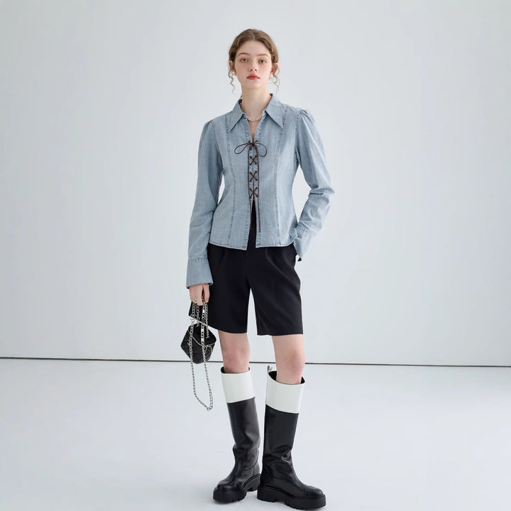 Elegant denim blouse for women with lace closure Lune London