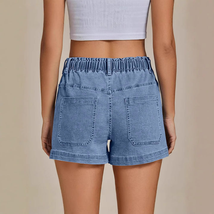Ladies comfortable denim shorts with elastic waistband and practical pockets Lune London