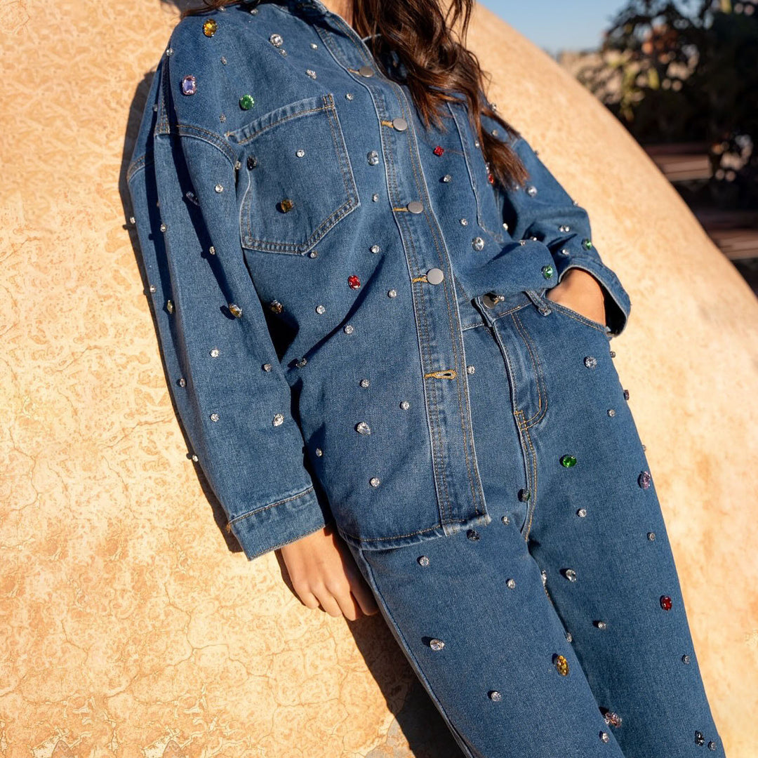 Denim set for women with colorful appliqués and a loose fit Lune London