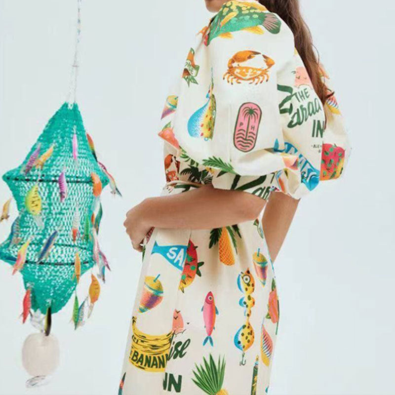 Robe Maxi Femme avec Manches Bouffantes et Imprimé Estival Coloré Chic & Stil