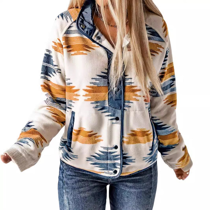 Women's patterned fleece clothing with practical pockets and chic button detail