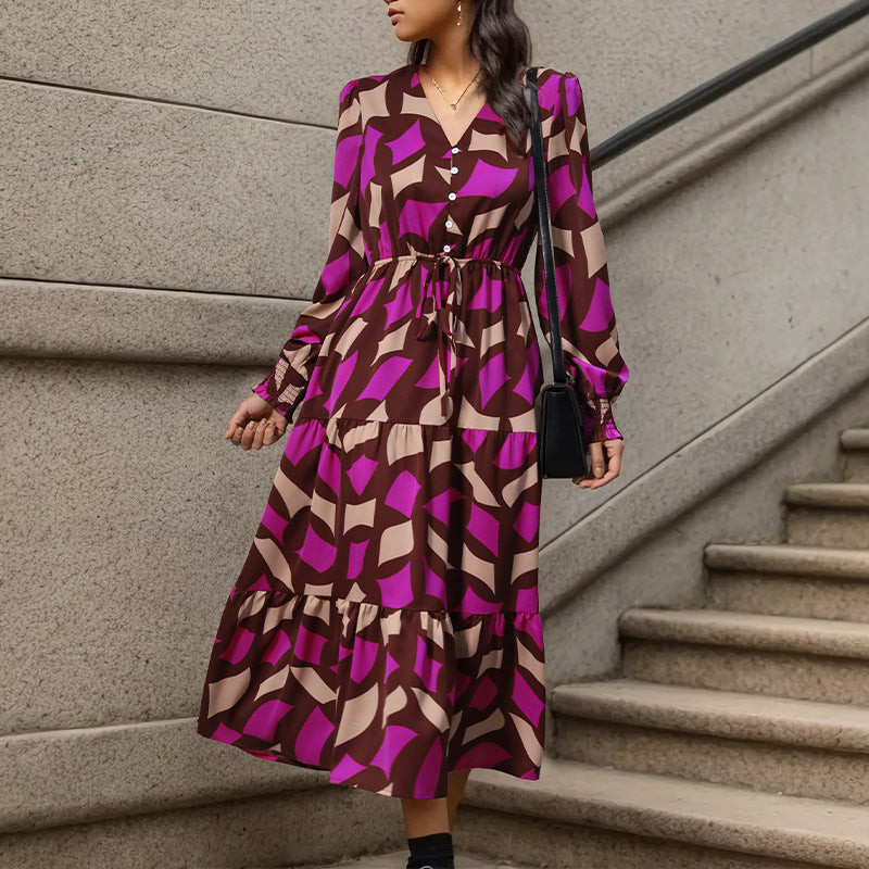 Maxi dress for women with voluminous skirt and refined tied belt Lune London