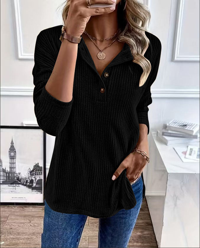 Lune London women's ribbed leisure sweater with button placket and 3/4 sleeves