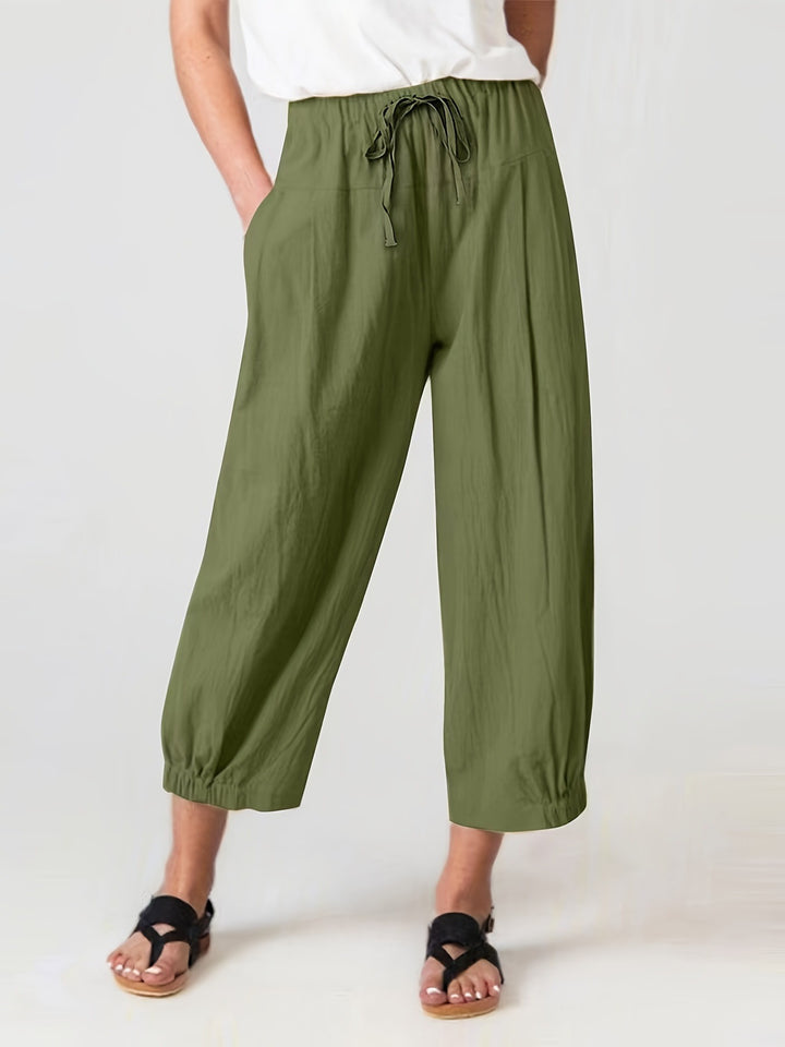 Wide linen trousers for women with elastic waistband and practical pockets Lune London