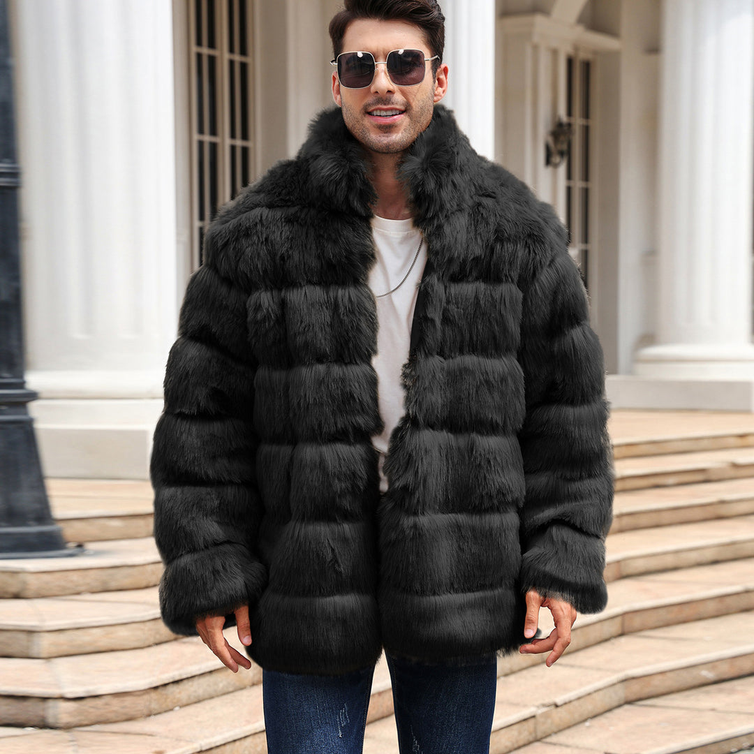 Trendy faux fur jacket for men with high collar and practical pockets Lune London