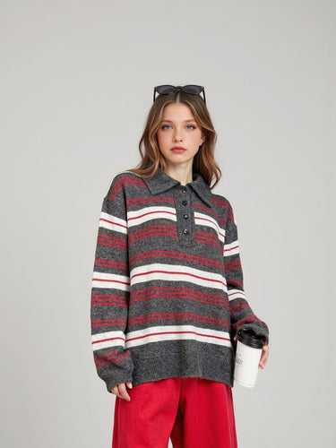 Elegant knitted sweater for women with polo collar and striped pattern Lune London