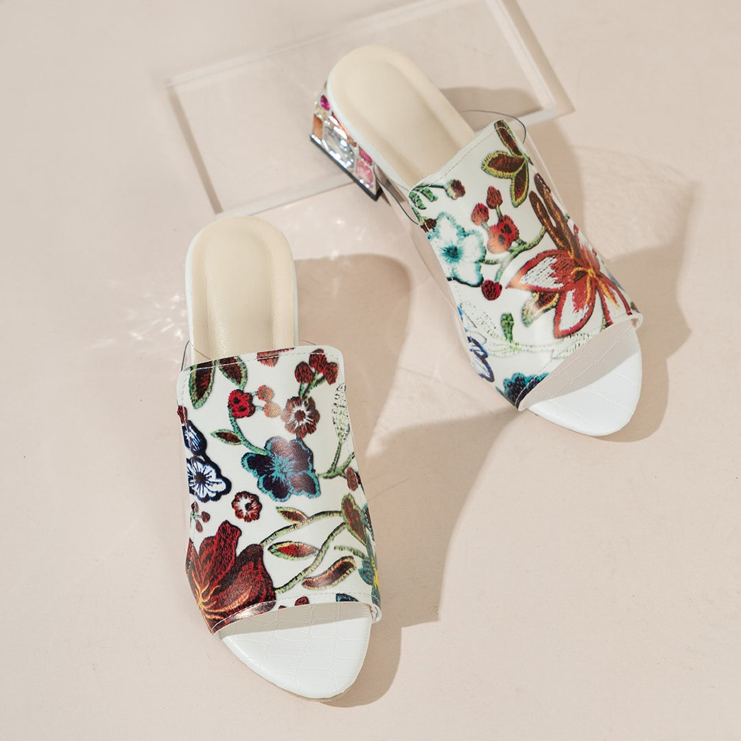 Women’s strap mules with floral design and comfortable block heel Lune London