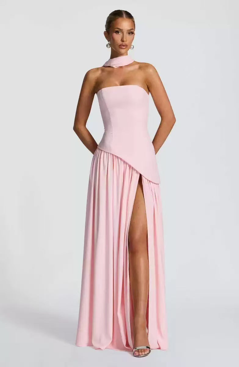 Ladies Floor-Length Maxi Dress with Shoulder-Free Design and Elegant Slit