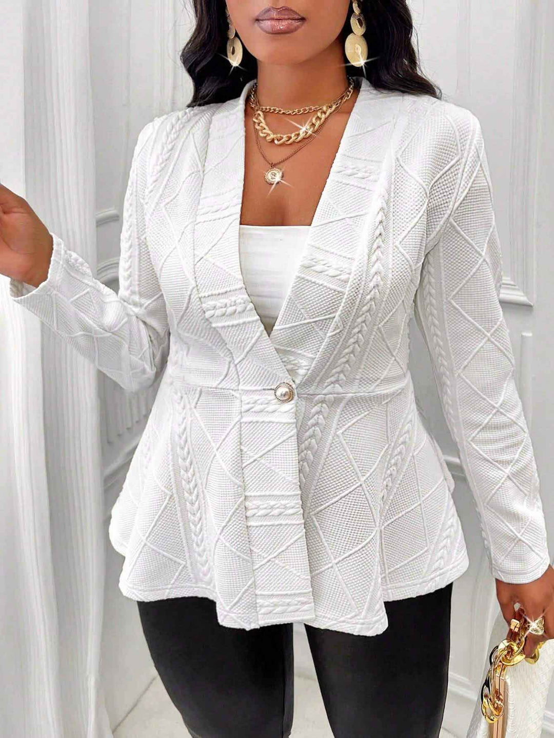 Women Elegant Blazer Jacket with Button Details and Textured Design Lune London
