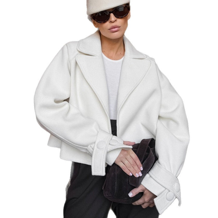 Cropped wool jacket for women in casual biker style with large buttons Lune London
