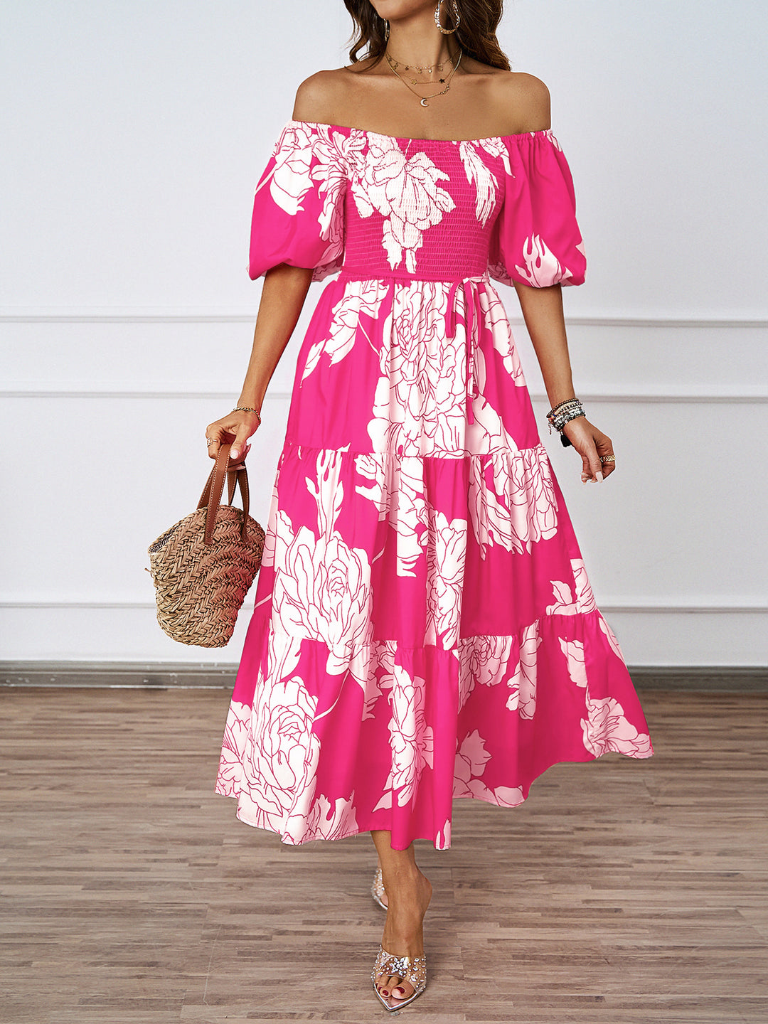 Maxi Dress for Women with Off-Shoulder, Voluminous Sleeves and Chic & Stylish Print
