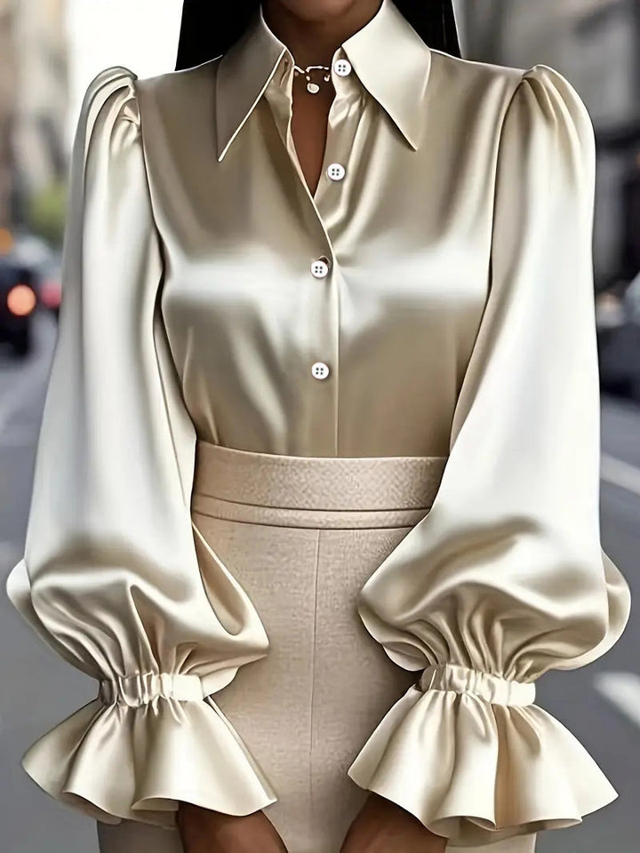 Ladies elegant silk blouse with puff sleeves and chic button placket Lune London