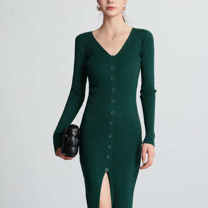 Ladies Long Sleeve Maxi Dress with Ribbed Structure and Button Detail Lune London