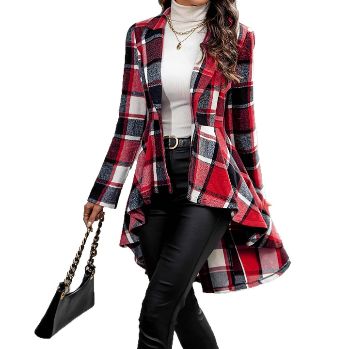 Women Elegant and Flowing Plaid Jacket with Asymmetrical Hem Lune London