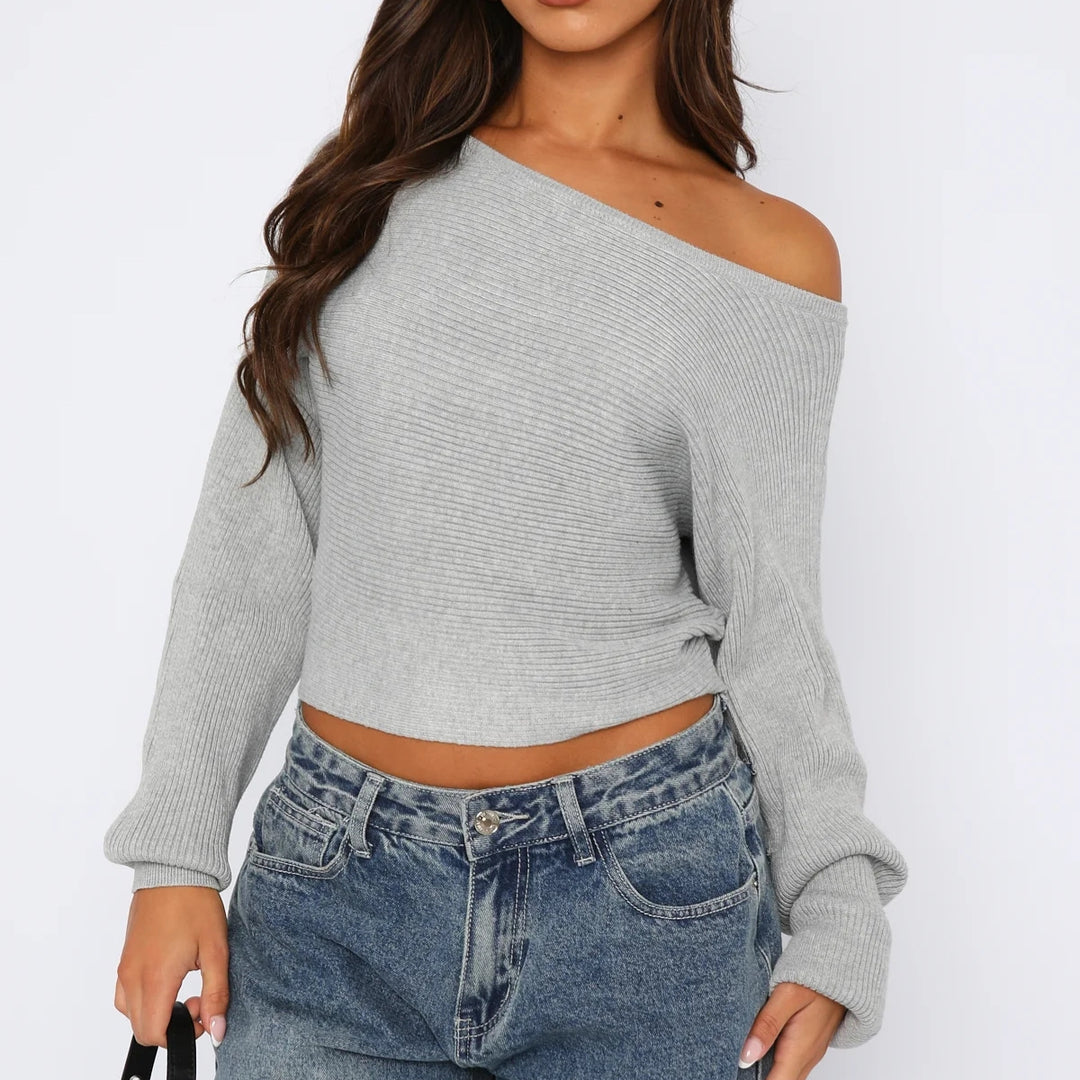 Women's Casual Crop Sweater with Asymmetrical Neckline and Ribbed Texture Lune London