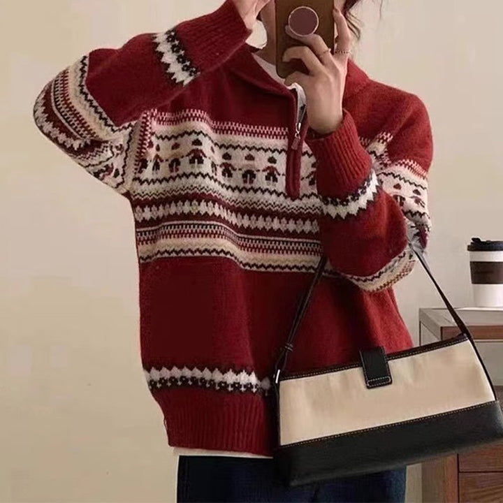 Pull chunky en tricot pour femmes avec col haut et motif norvégien décoratif Chic & Stil