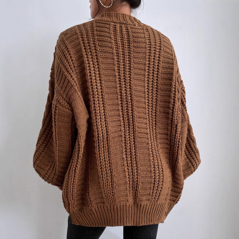 Ladies chunky knit cardigan with wide sleeves and button details Lune London