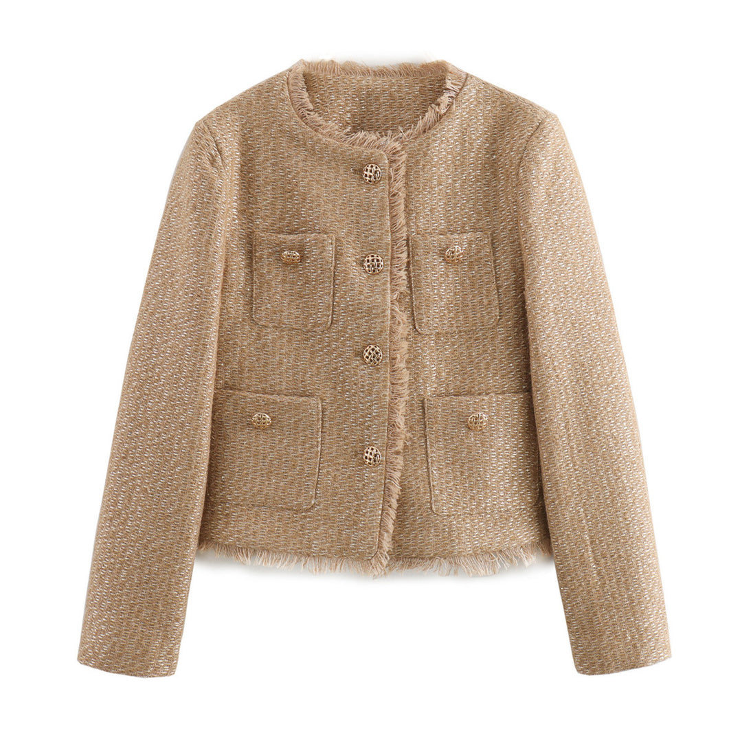 Elegant women's blazer cropped with textured fabric and gold button details Lune London