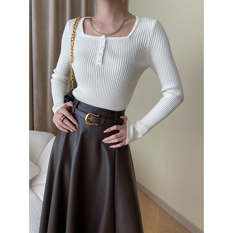 Women's Long Sleeve Ribbed Knit Top with Button Placket Chic & Stil