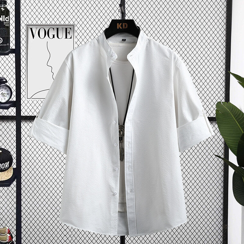 Long sleeve shirt for men Nizza with modern stand-up collar and structured fabric Lune London
