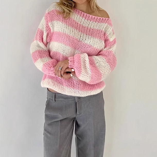 Women's Knit Sweater with Wide Stripe Pattern and Voluminous Sleeves Lune London