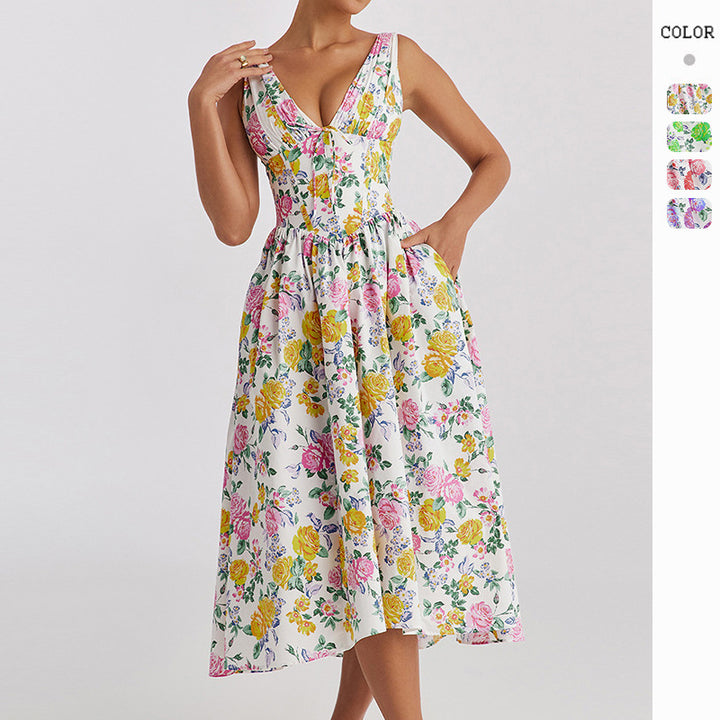 Midi dress for women with floral pattern and elegant V neck Chic & Stil