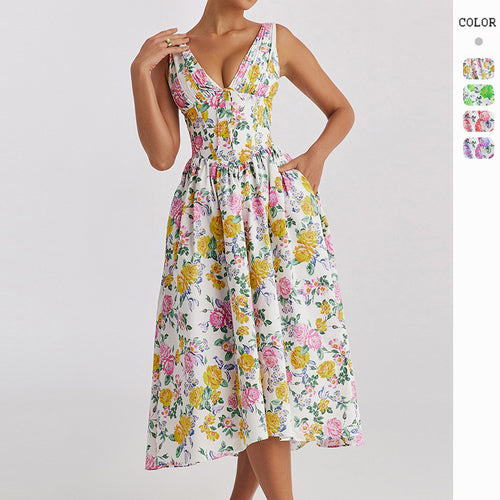 Midi dress for women with floral pattern and elegant V neck Chic & Stil