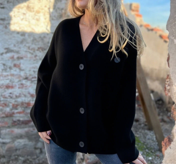 Casual knit cardigan for women with asymmetrical cut and button details Lune London