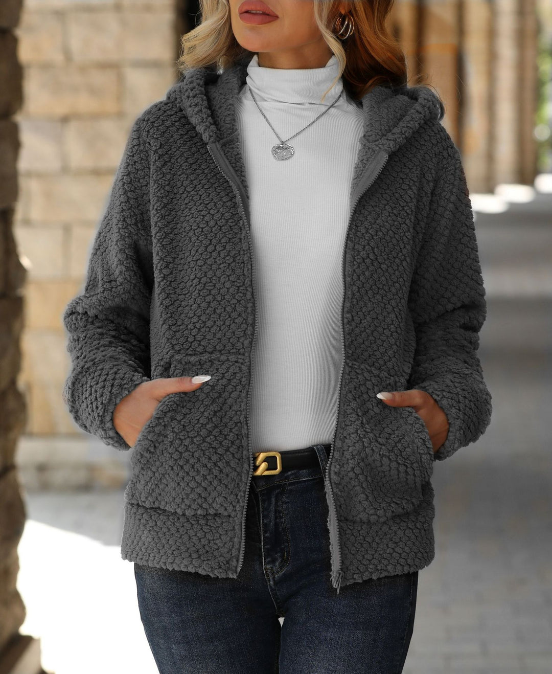 Ladies soft fleece jacket with hood and pockets Lune London
