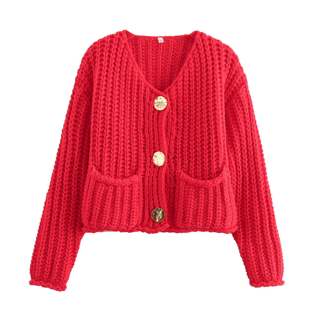 Ladies Sweatshirt in Knit with Large Buttons and Patch Pockets Lune London